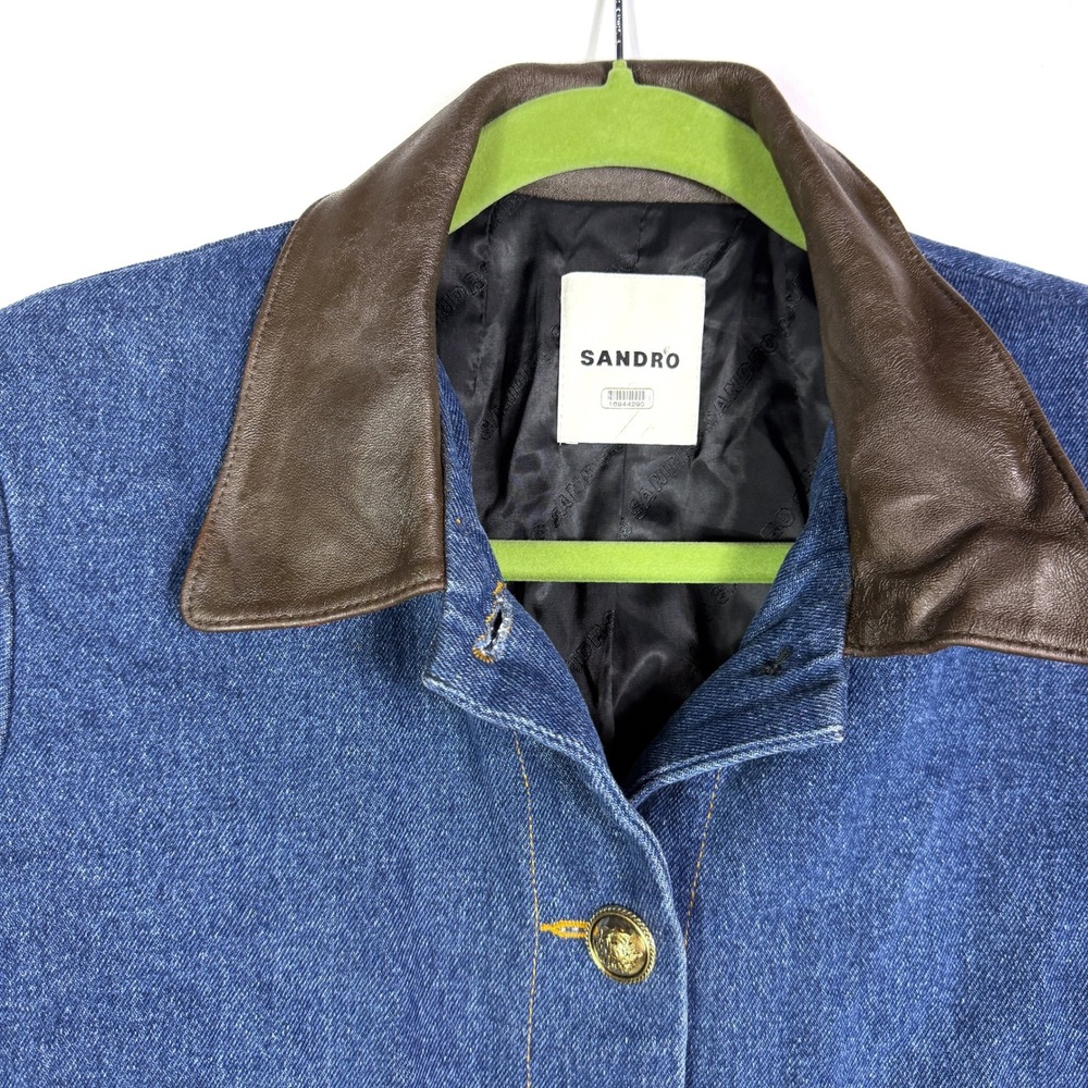 SANDRO Denim Jacket Leather Collar Cropped Button Front Blue Sz 40 FR / 8 US - Picture 9 of 16
